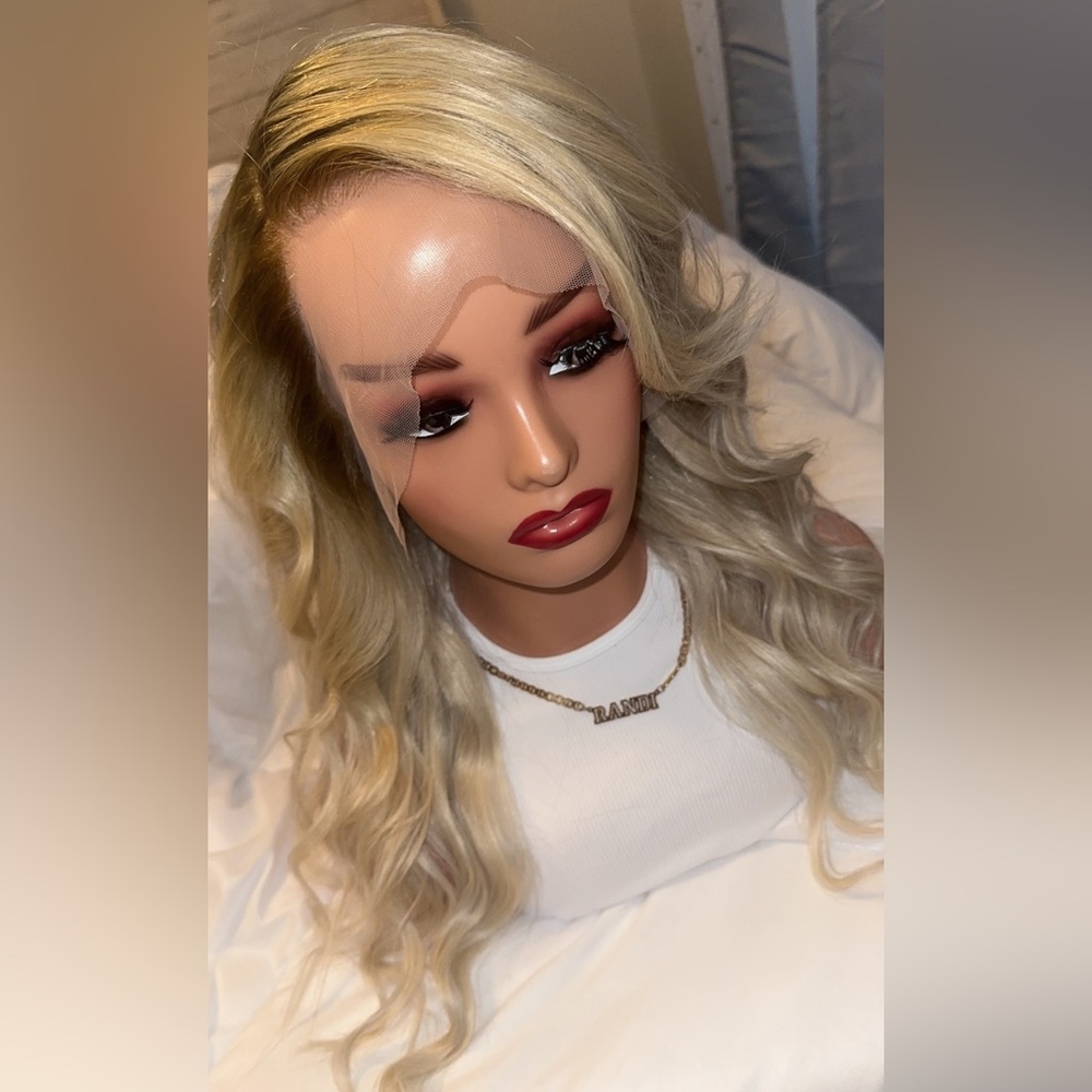 Dark root Blonde Human Hair Wig - Picture 3 of 12